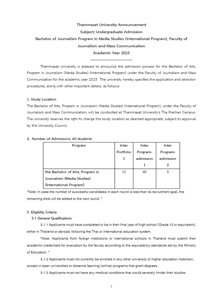 Thammasat U Journalism Admission 2025 | PDF | University And College ...