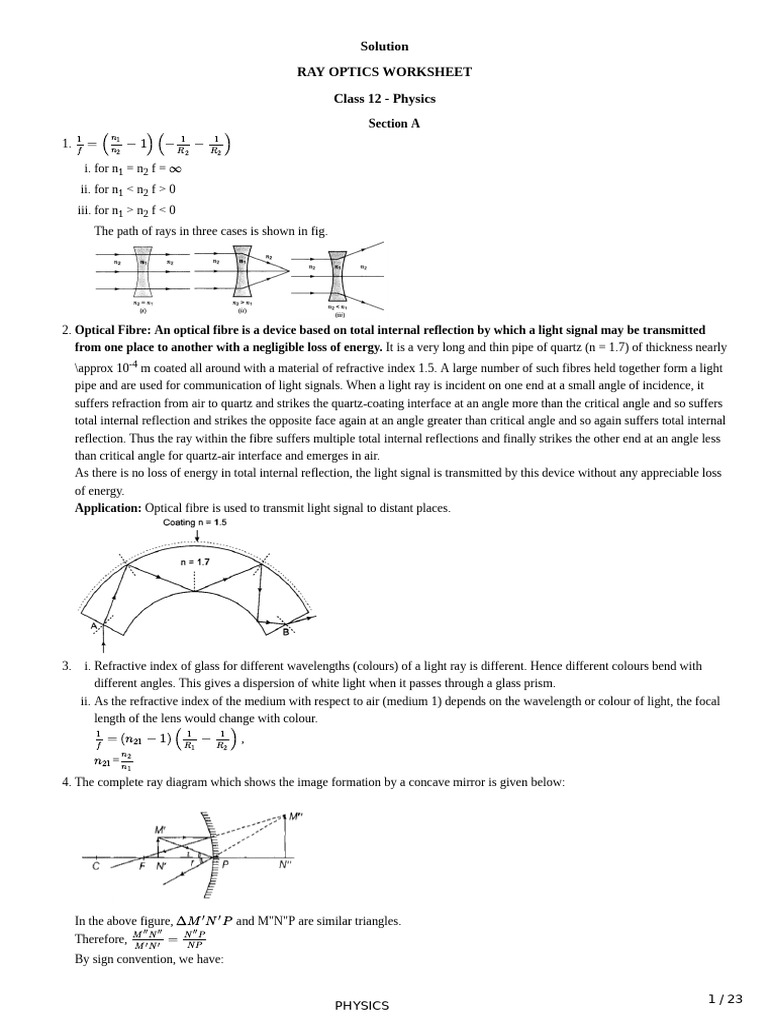 Ray Optics Worksheet for Class 12 Physics | PDF | Angular Resolution ...