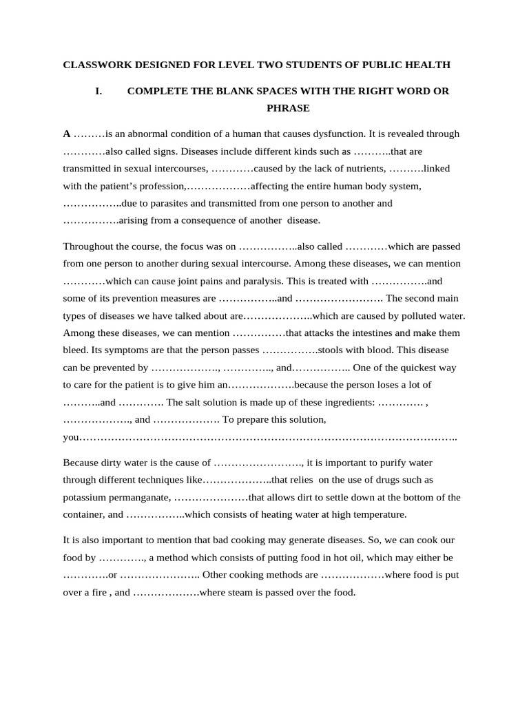 Classwork Designed for Level Two Students of Public Health | PDF ...
