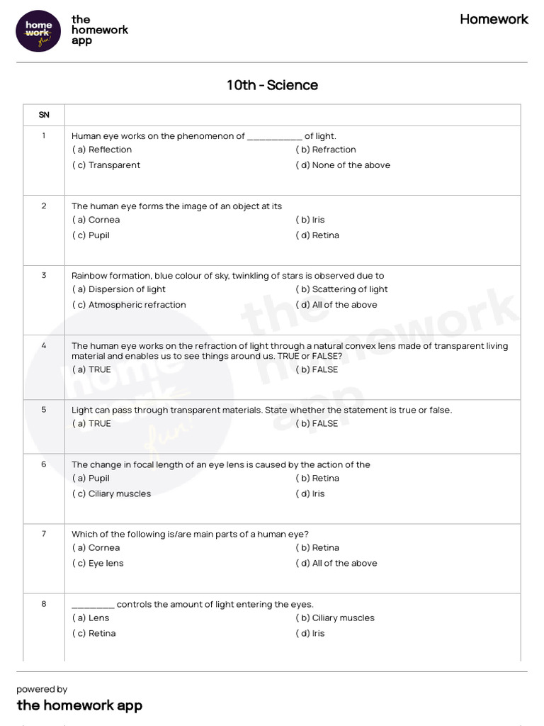 Human Eye and Light Phenomena Quiz | PDF | Eye | Myopia