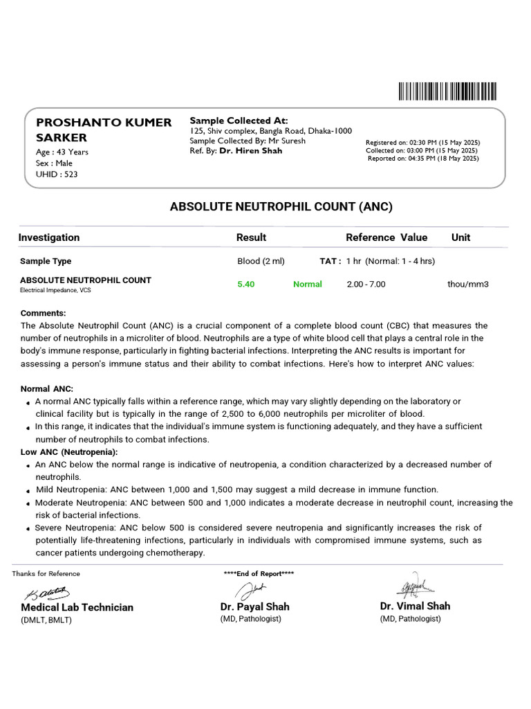 ABSOLUTE NEUTROPHIL COUNT ANC Test Normal Result Report Format Example ...
