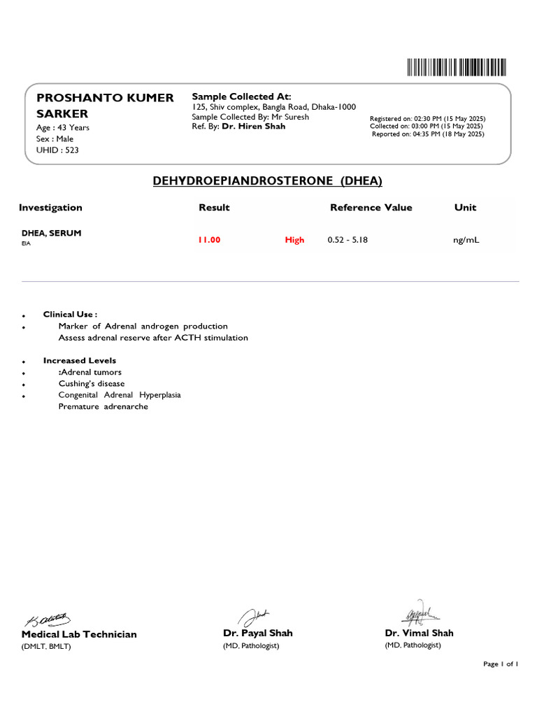 ANTI CPC DEHYDROEPIANDROSTERONE DHEA Test Report Format Example Sample ...