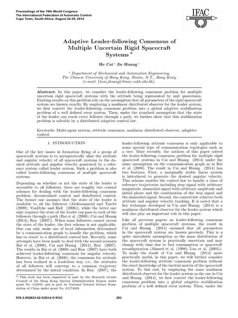 Adaptive Consensus for Uncertain Spacecraft | PDF | Norm (Mathematics ...