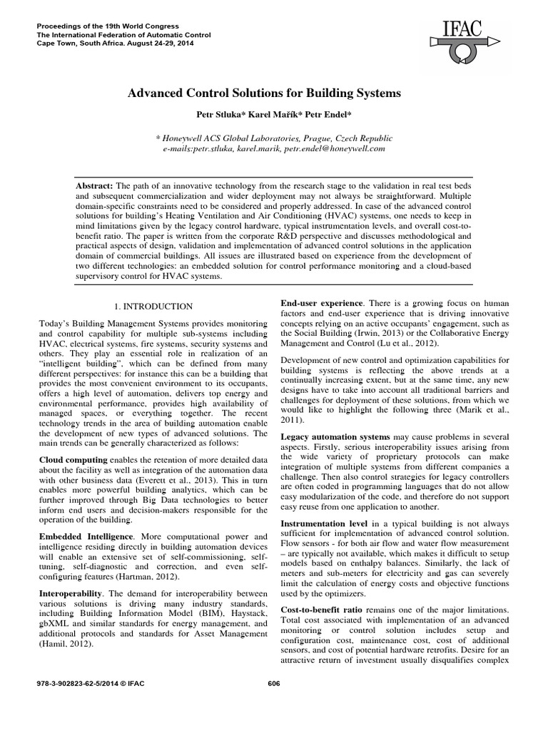 Advanced Control Solutions For Building Systems 2014 IFAC Proceedings ...