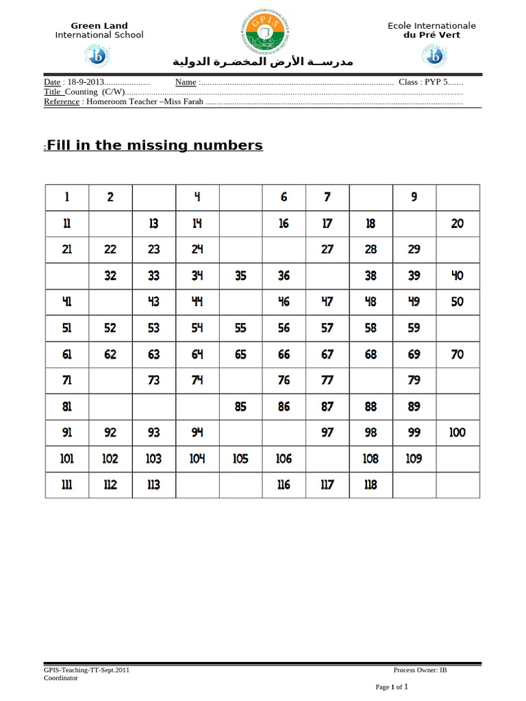 Green Land Counting Worksheet PYP 5 | PDF