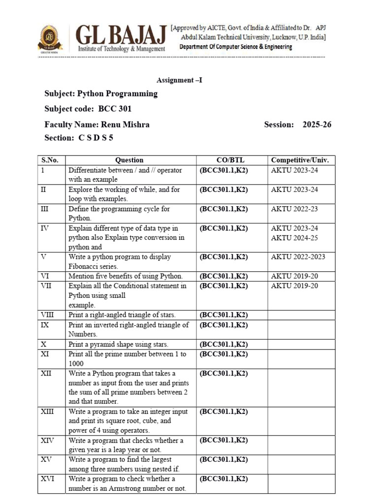 Python Programming Assignment 2025-26 | PDF