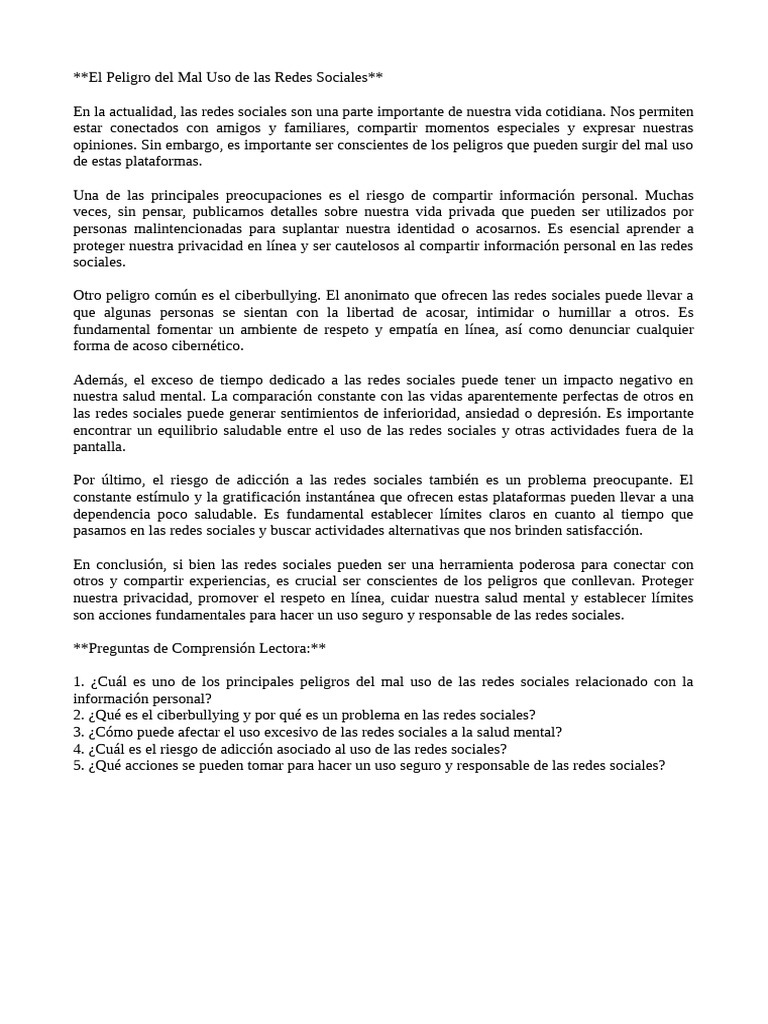 El Peligro Del Mal Uso de Las Redes Sociales 2ºESO | PDF | Acoso ...