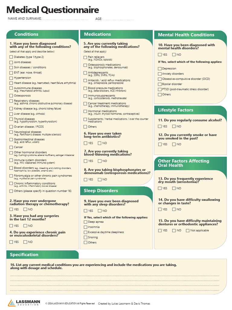 Comprehensive Medical Questionnaire | PDF | Dentistry | Snoring