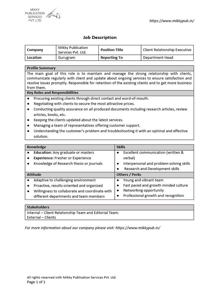 Job Description of MPub - Client Relationship Executive | PDF