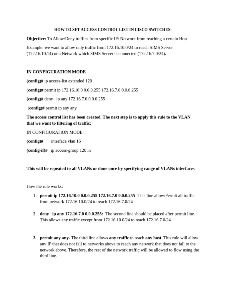 Configuring ACLs on Cisco Switches | PDF