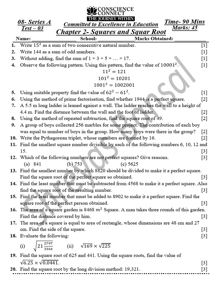 Squares and Square Roots Exercises | PDF | Area | Numbers