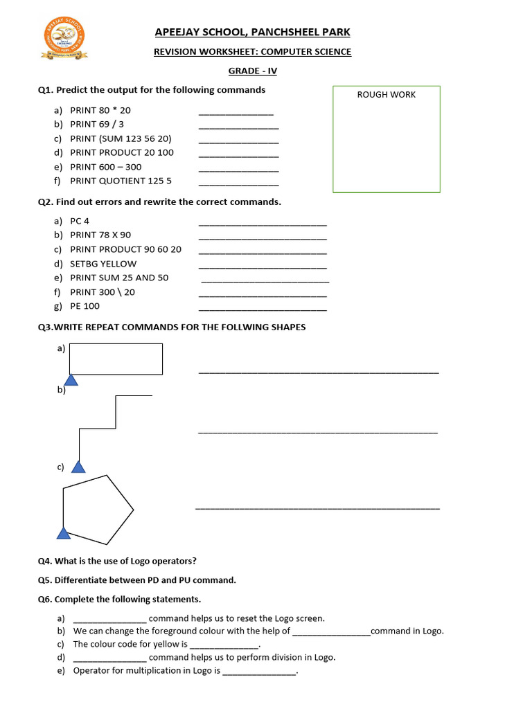 Computer Science Worksheet for Grade IV | PDF