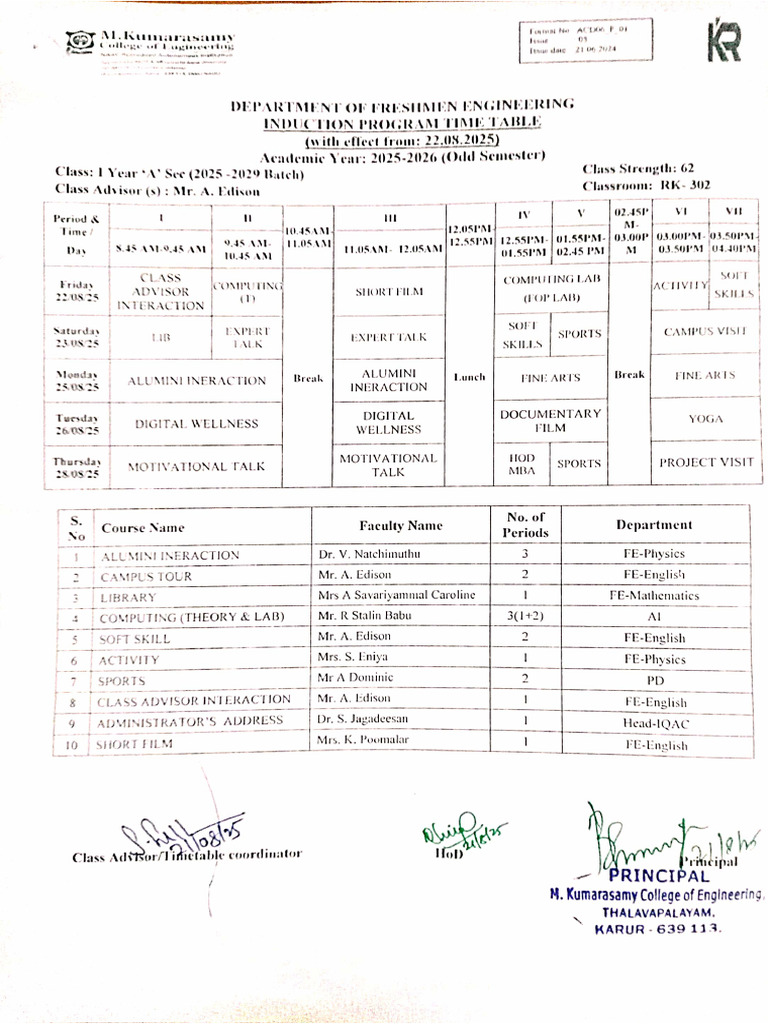 Bridge Course Time Table 2025 2026 Pdf