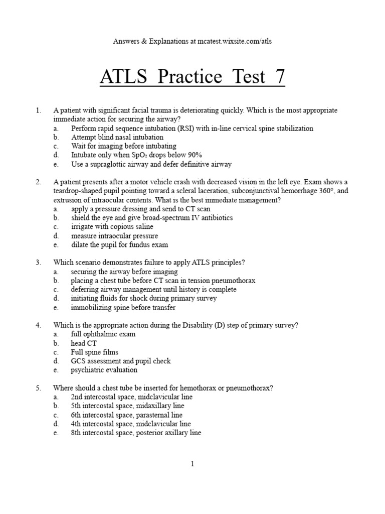 ATLS Practice Test 7: Trauma Management | PDF | Major Trauma | Medical ...