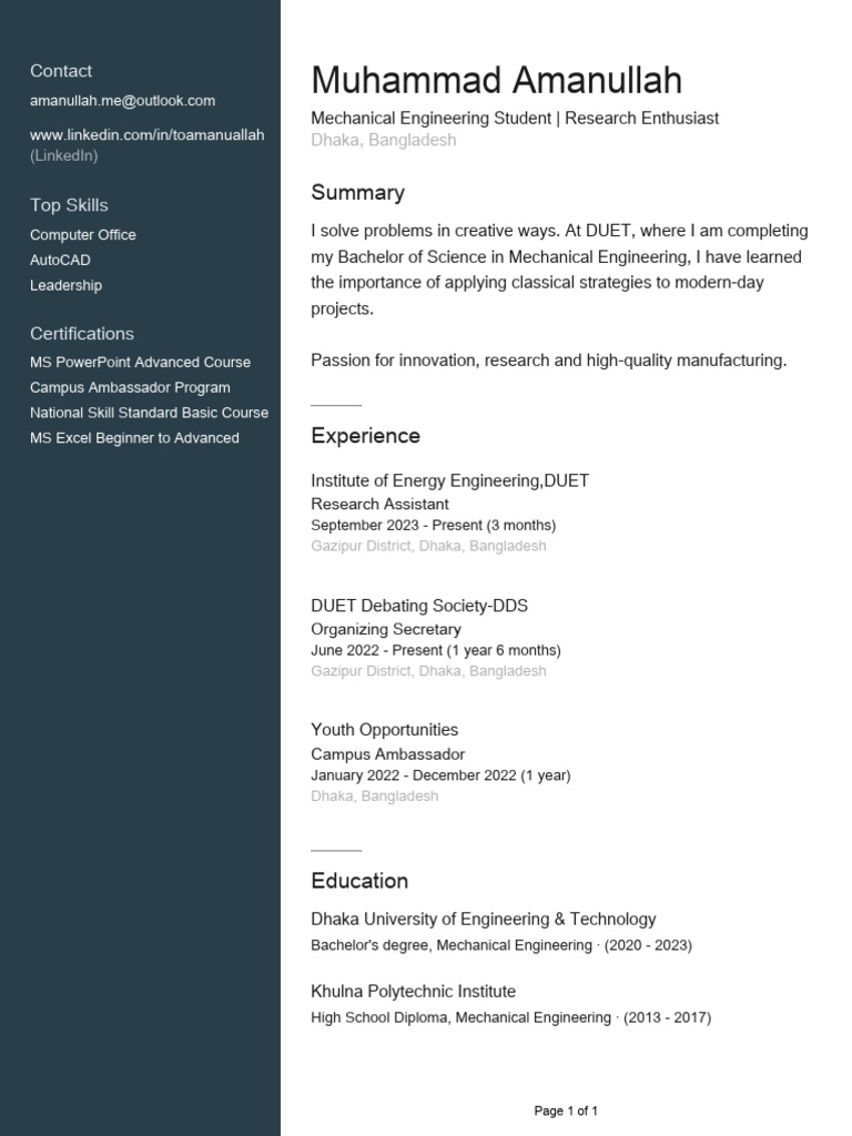 Mechanical Engineering Student Profile | PDF