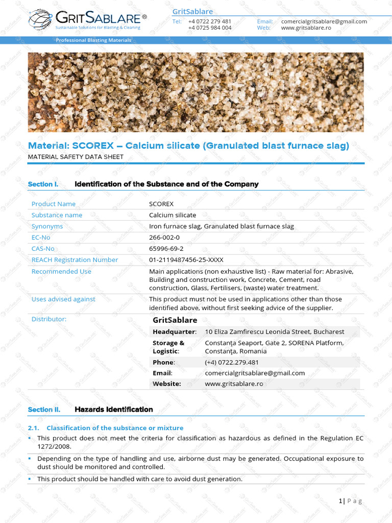 SCOREX Calcium Silicate Safety Data Sheet | PDF | Personal Protective ...