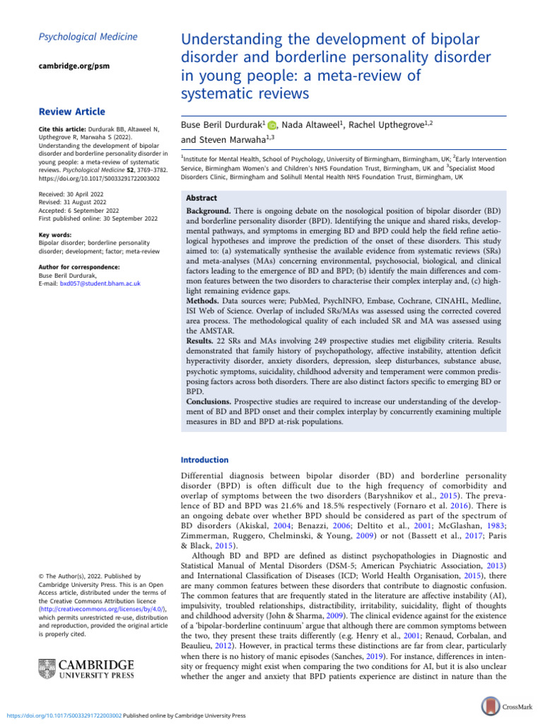 Meta-Review: Bipolar vs. Borderline Disorders | PDF | Borderline ...