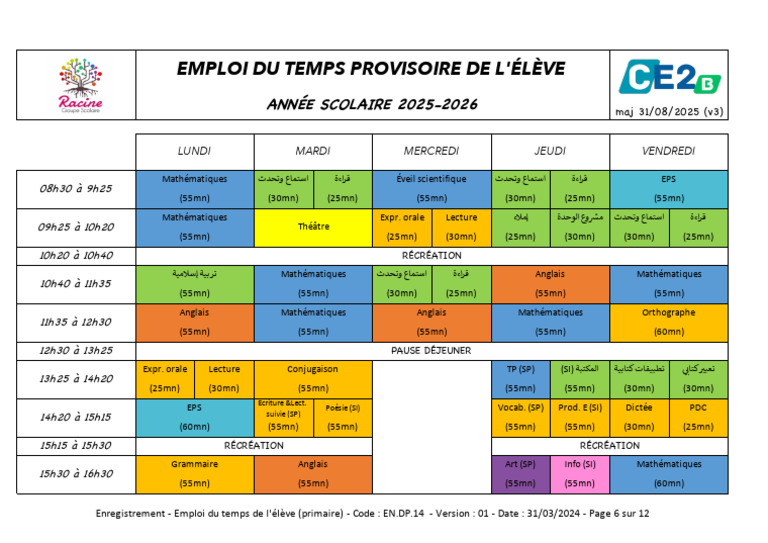 Emploi du temps primaire 2025-2026 | PDF