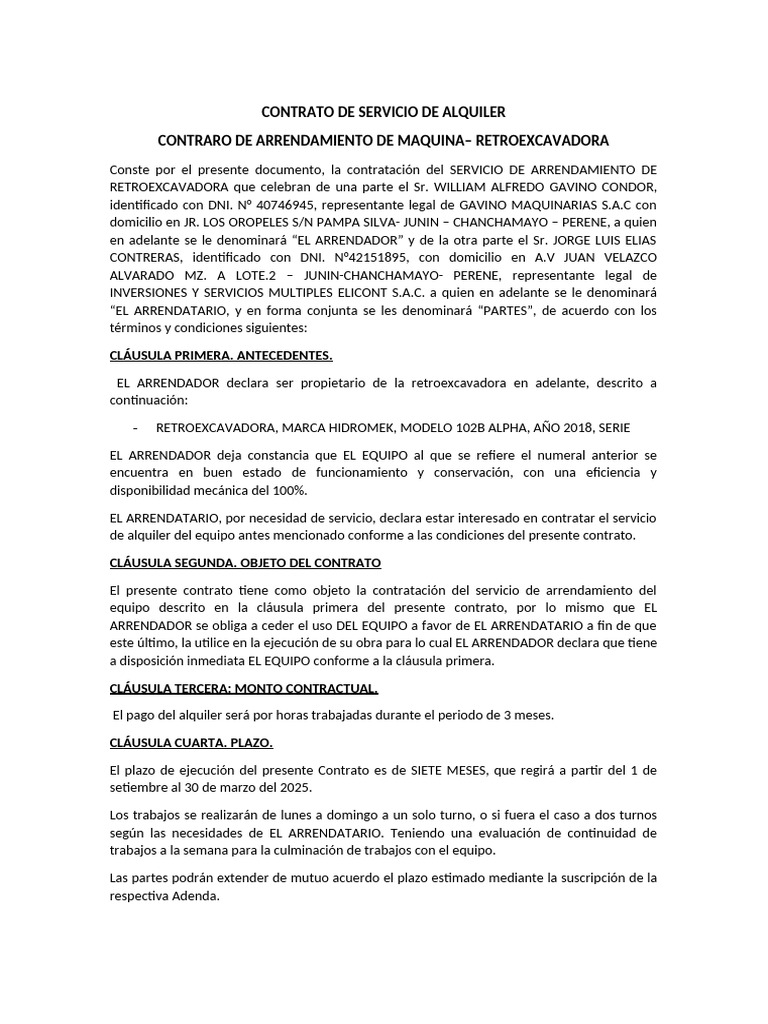 Contrato de Alquiler de Retroexcavadora | PDF | Daños y perjuicios