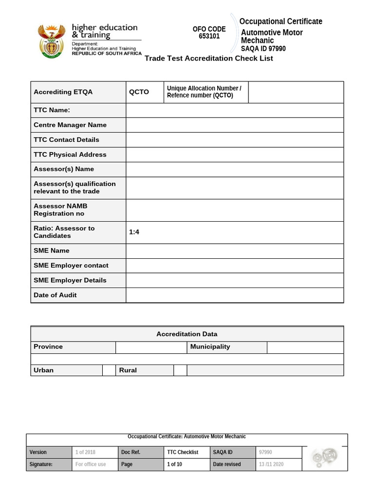 UAN Automotive Motor Mechanic Occupational TTC Checklist-Revised | PDF ...