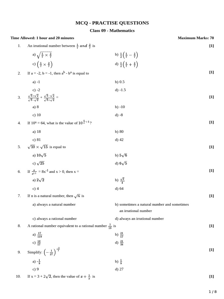 Class 9 Mathematics MCQ Practice Test | PDF | Cartesian Coordinate ...