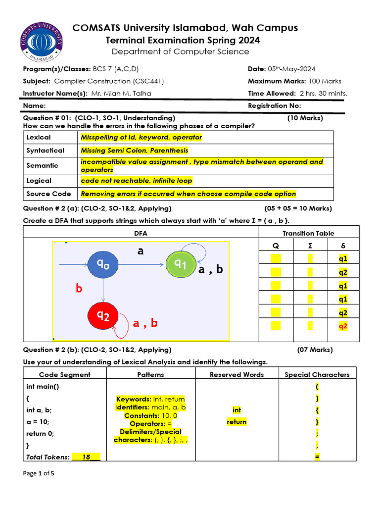 Compiler Construction Exam Spring 2024 | PDF | Parsing | Syntax (Logic)
