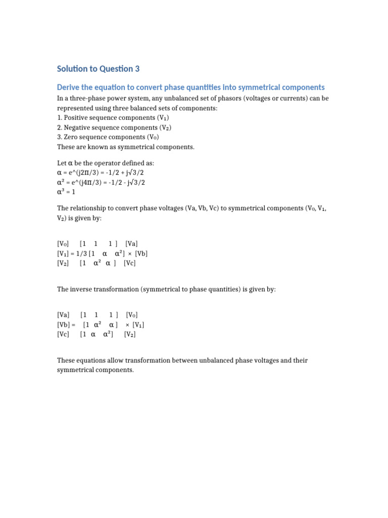 Symmetrical Components Equation Derivation | PDF