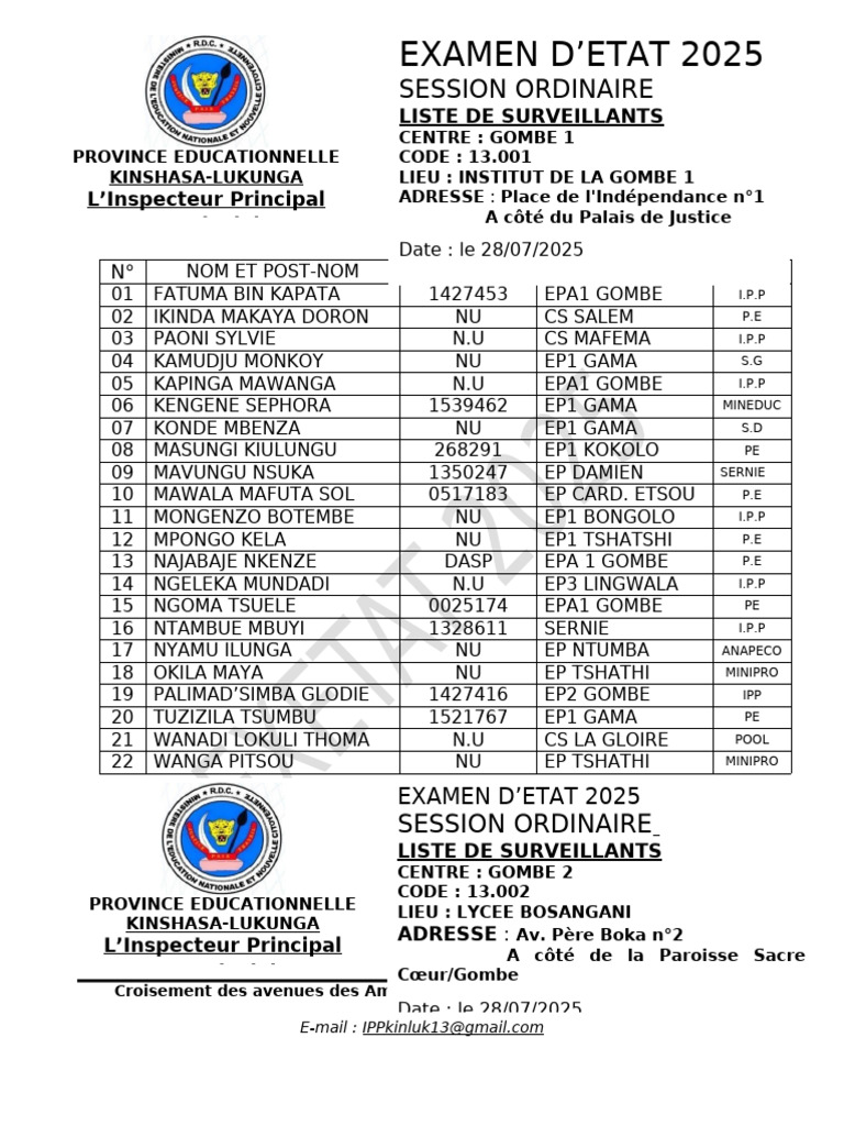 Liste Des Surveillants S.O 2025. | PDF