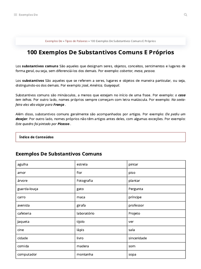 100 Exemplos de Substantivos Comuns e Próprios | PDF