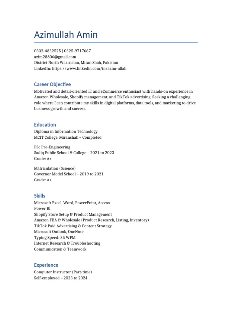Azimullah Amin CV | PDF | Subject (Grammar) | Pronoun