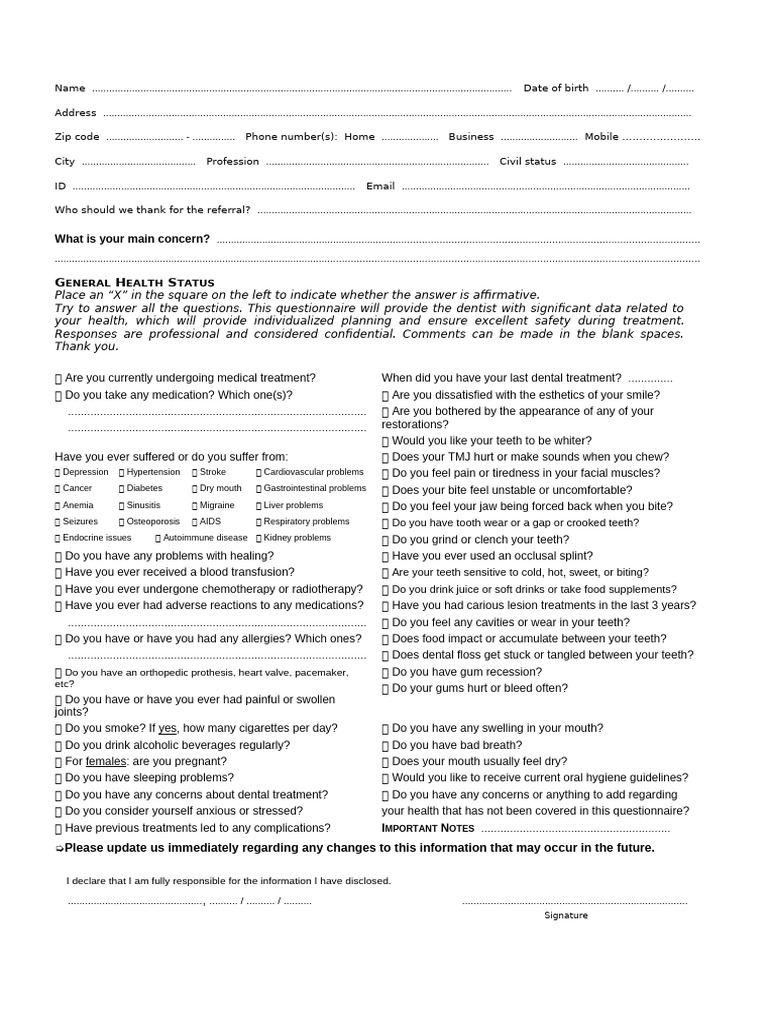 Dental Patient Questionnaire Template | PDF | Oral Hygiene | Medicine