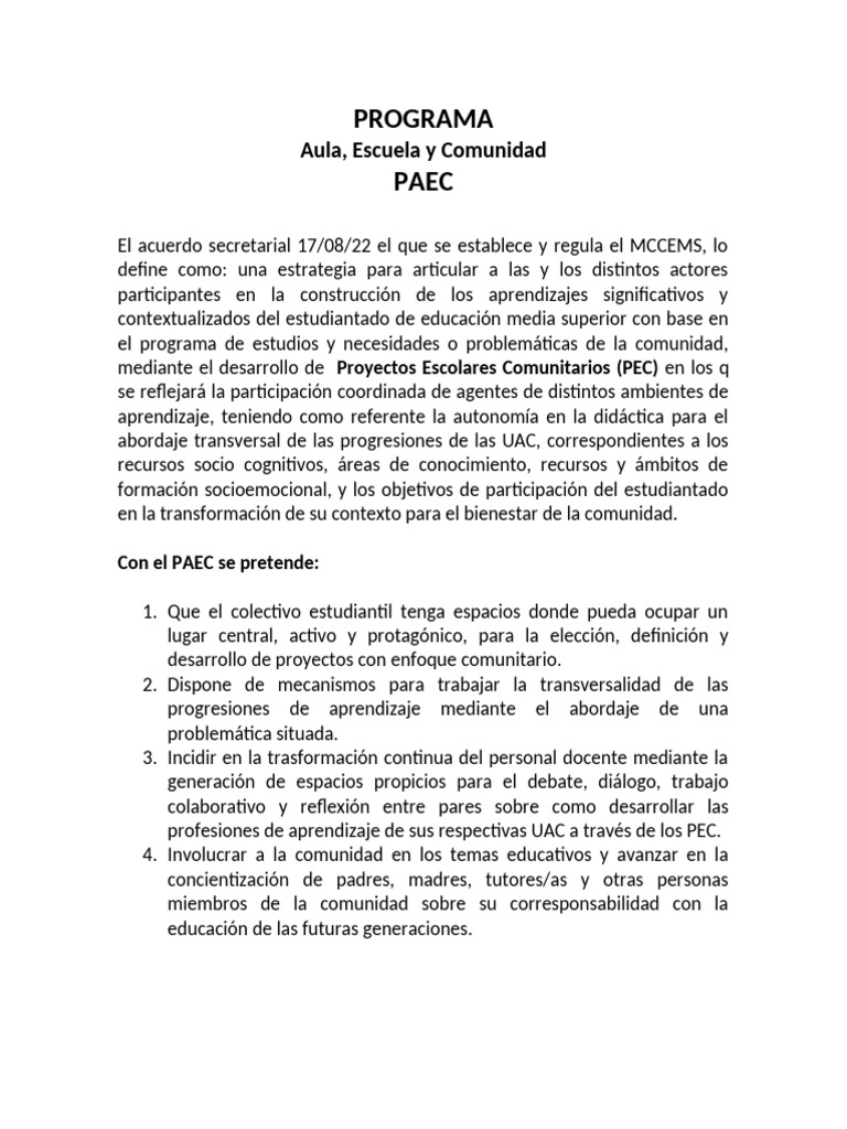 PAEC: Proyectos Escolares Comunitarios | PDF | Aprendizaje | Escuelas