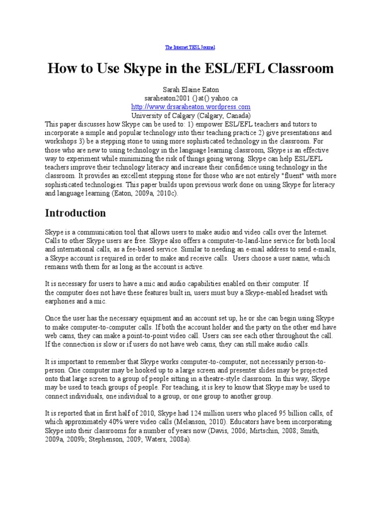 How To Use Skype in The ESL or EFL Classroom | PDF | English As A ...