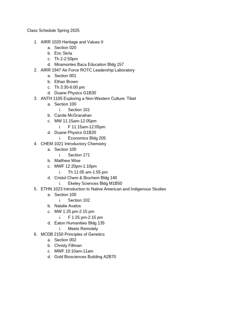 Class Schedule Spring 2025 | PDF
