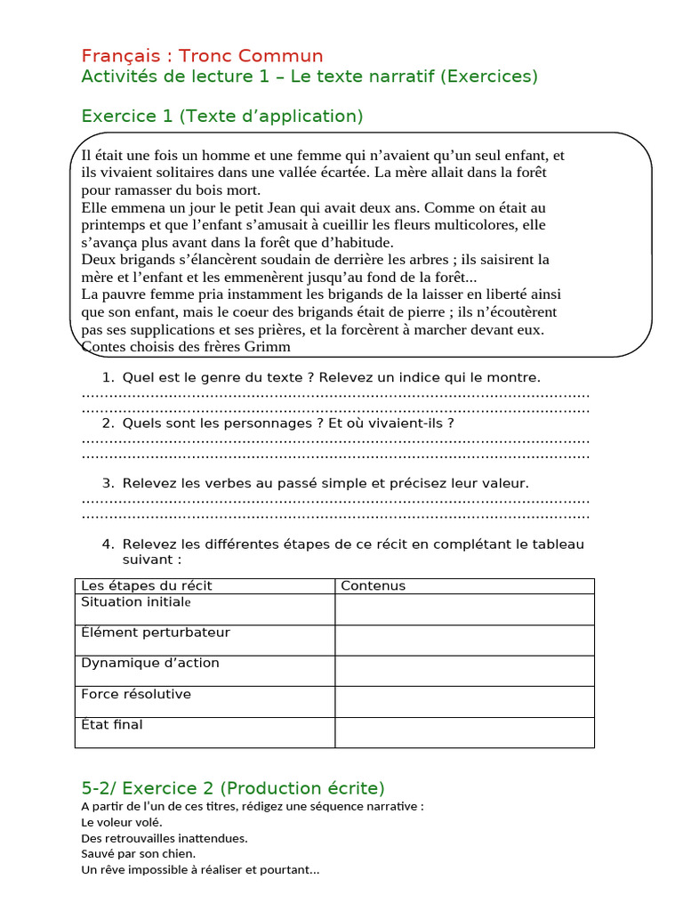 Exercices sur le texte narratif 5ème | PDF