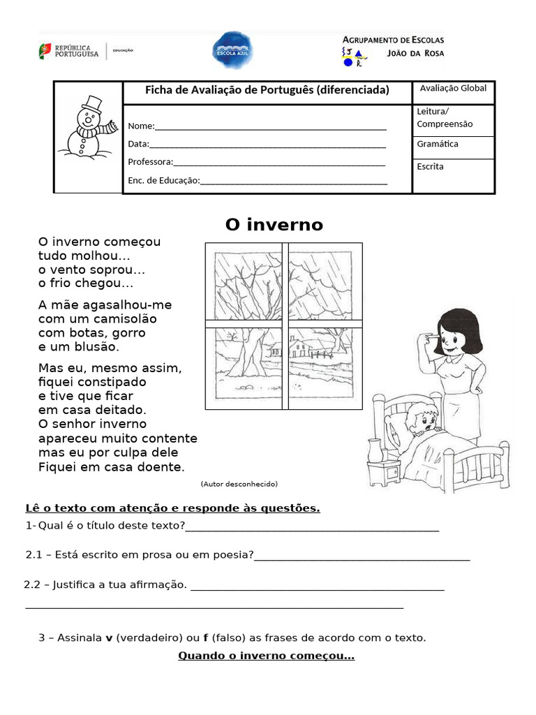 Avaliação de Português: Inverno e Linguagem | PDF