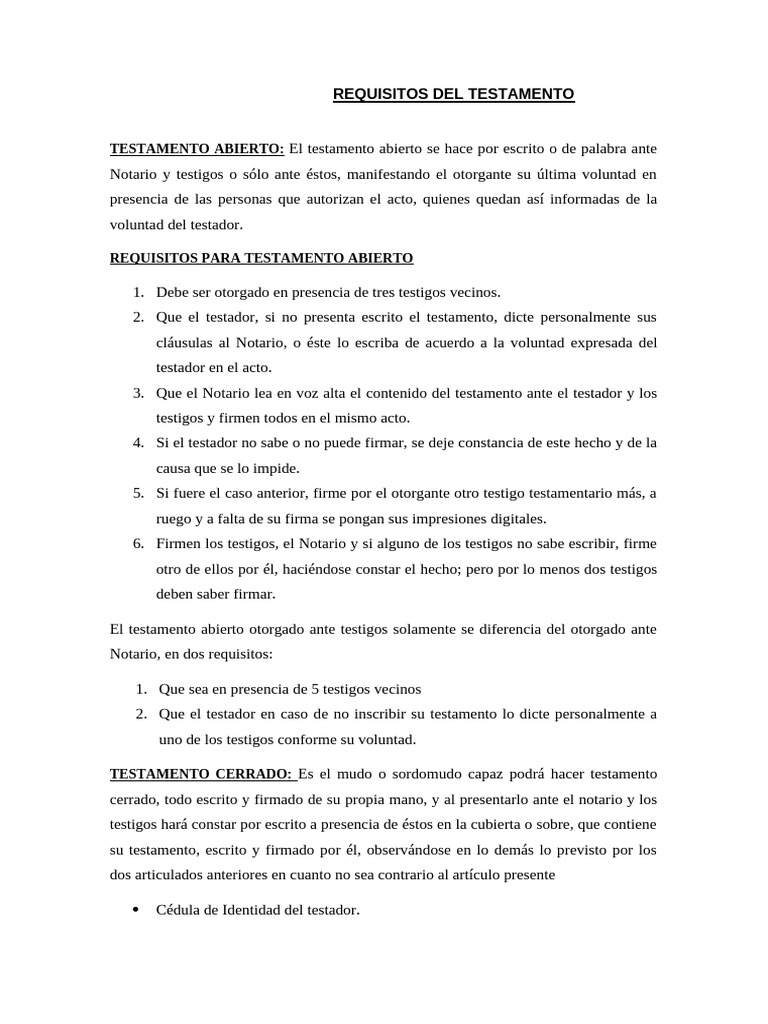 Requisitos para Testamento Abierto y Cerrado | PDF