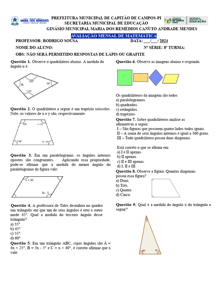 Prova de Matemática - 8 Ano 1 2 3 | PDF | Triângulo | Geometria do ...