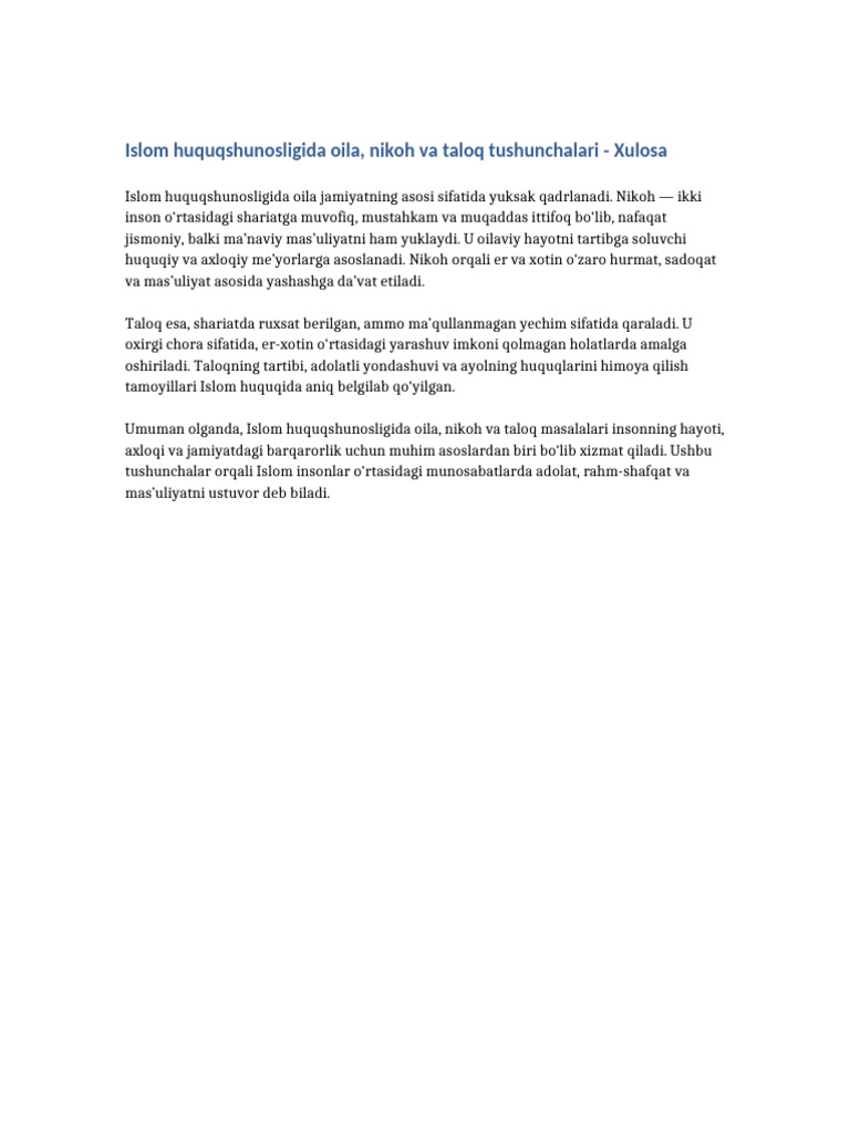 Islom Huquqshunosligida Oila Nikoh Taloq Xulosa | PDF