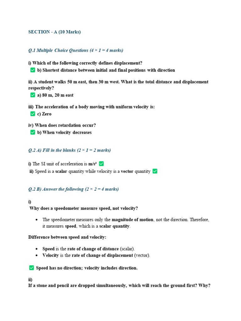 Grade 9 Icse Physics CLASS TEST 1ANSWER | PDF | Velocity | Acceleration