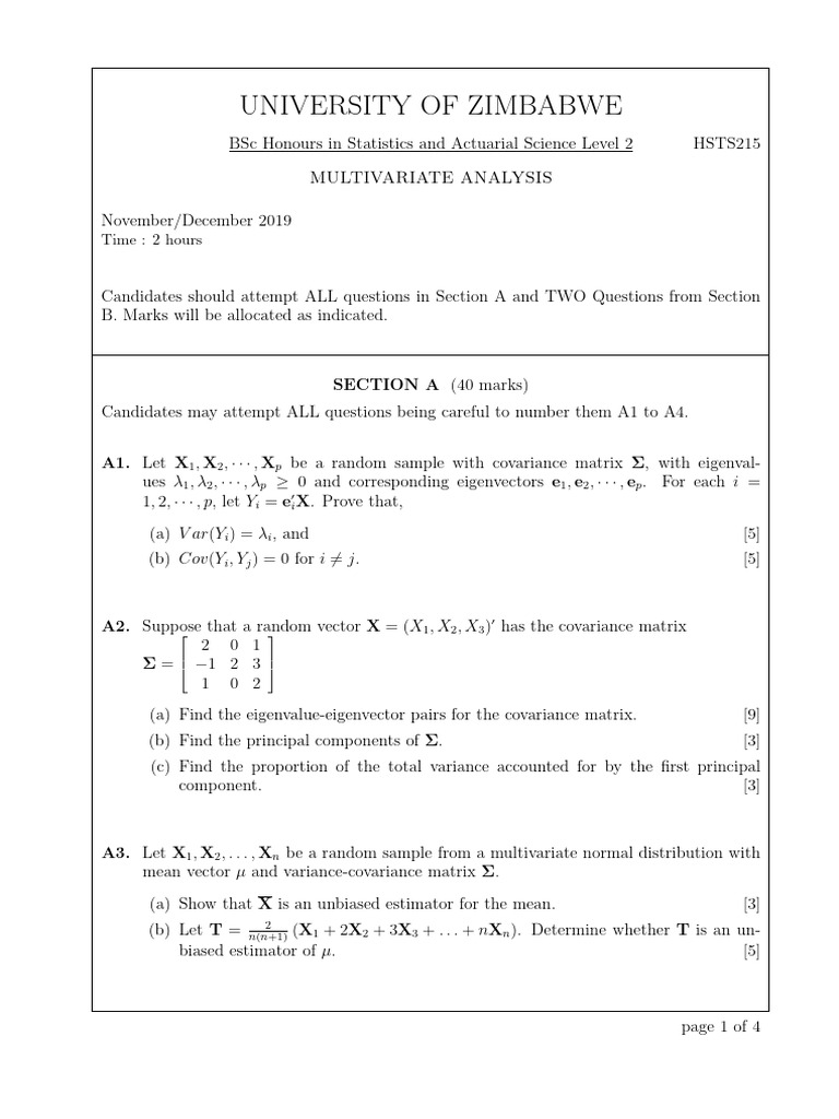 Multivariate Analysis Exam Questions | PDF | Covariance Matrix | Variance