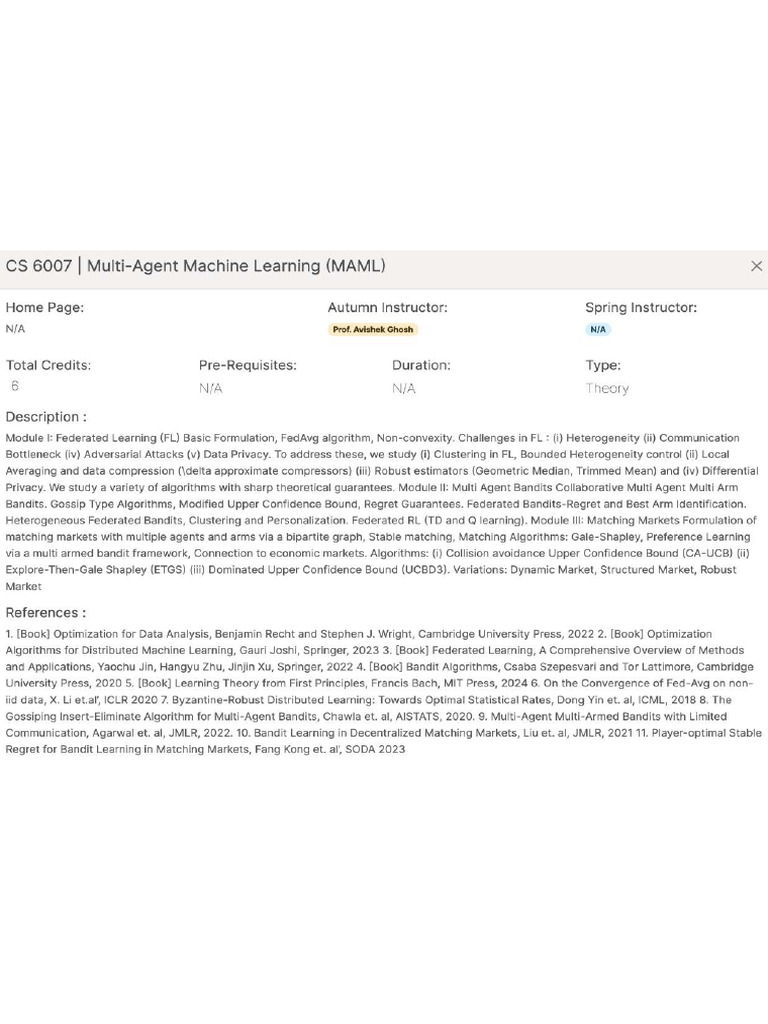 CS6007 - Multi Agent Machine Learning - IITB | PDF