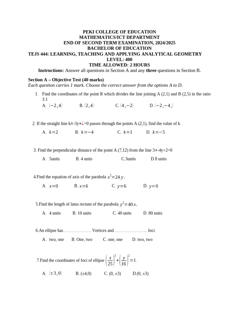 Analytic Geometry Exams-2025 | PDF | Ellipse | Elementary Mathematics