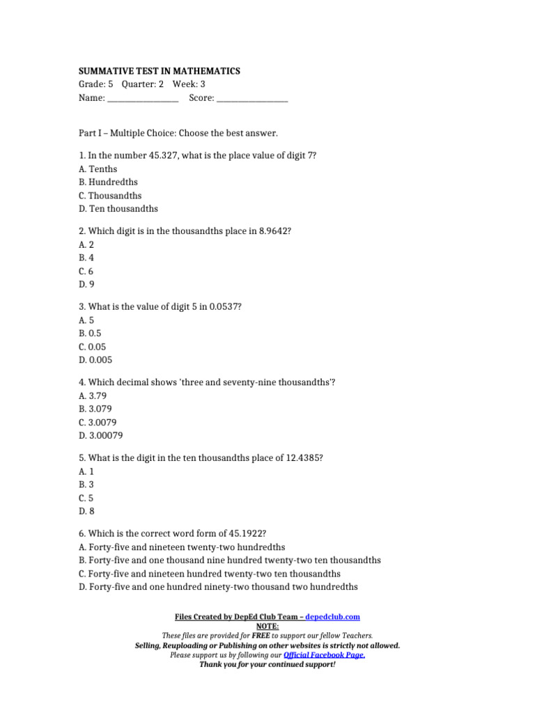 Grade 5 Math Q2 Summative Test | PDF