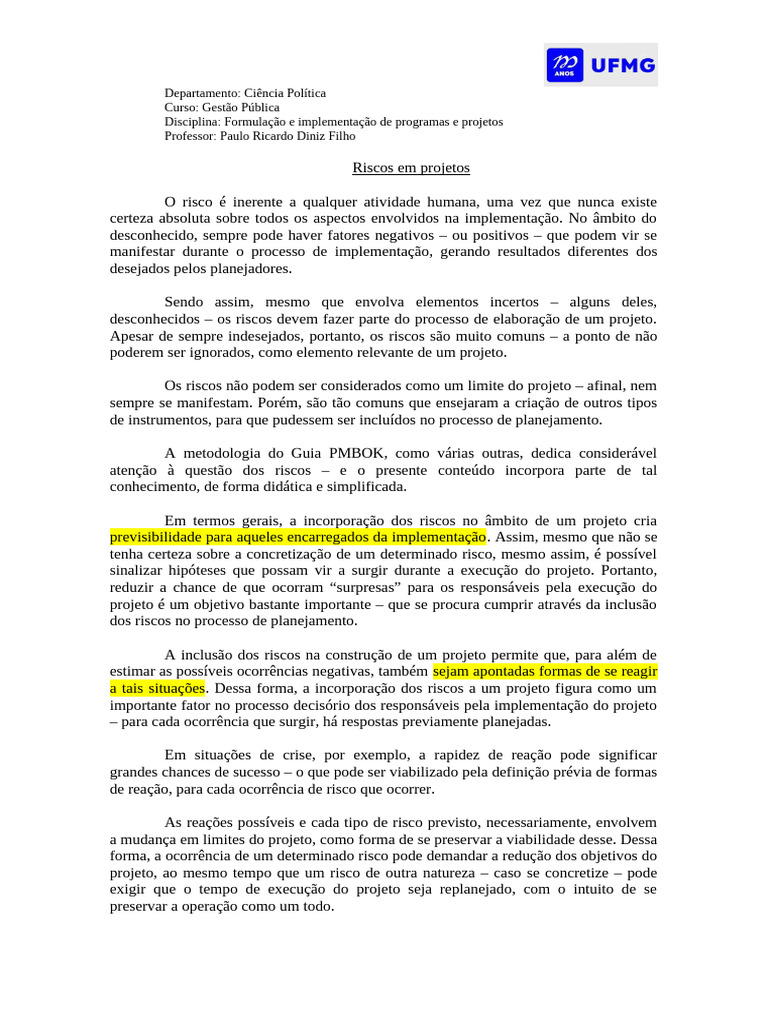 Gerenciamento de Riscos em Projetos Públicos | PDF | Risco | Tempo