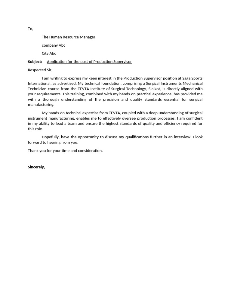 Job Application Letter Supervisor | PDF