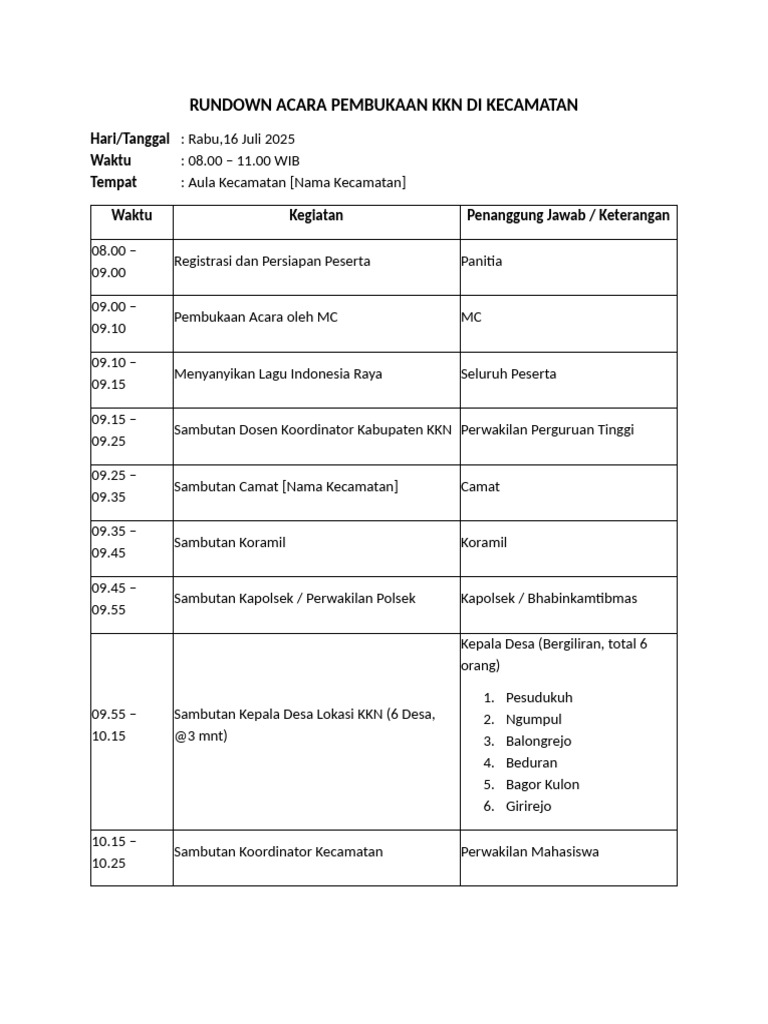 Rundown Acara Pembukaan KKN 2025 | PDF