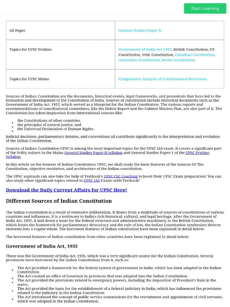 Sources of Indian Constitution - List of Borrowed Features - UPSC Notes ...