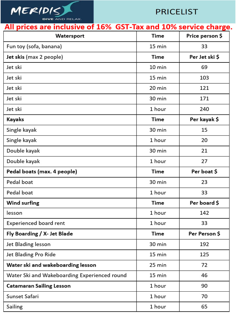 Watersport Pricing and Services Guide | PDF