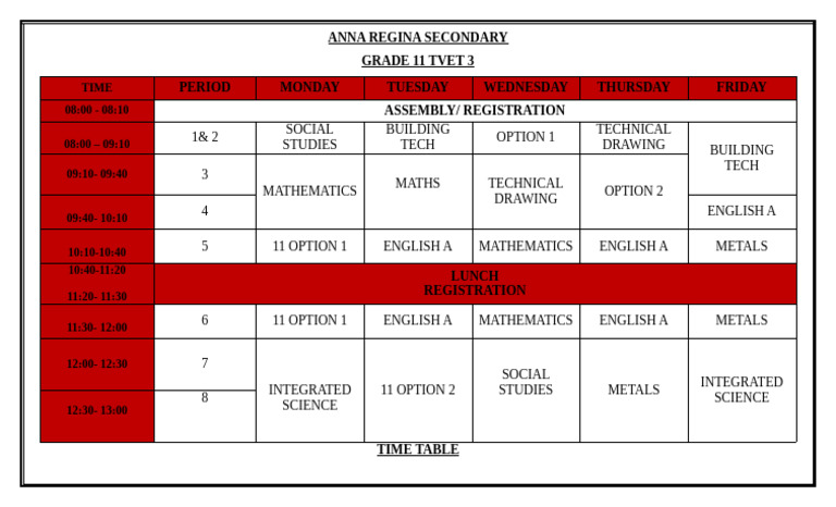 Grade 11 TVET Weekly Timetable | PDF
